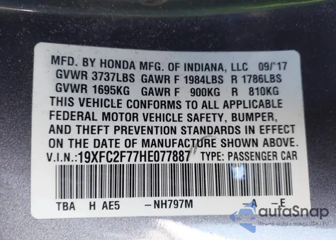 2017 Honda Civic Ex z USA, uszkodzony, nr VIN 19XFC2F77HE077887